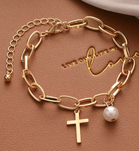 Womens Oval Link Bracelet With Cross Charm and Faux Pearl