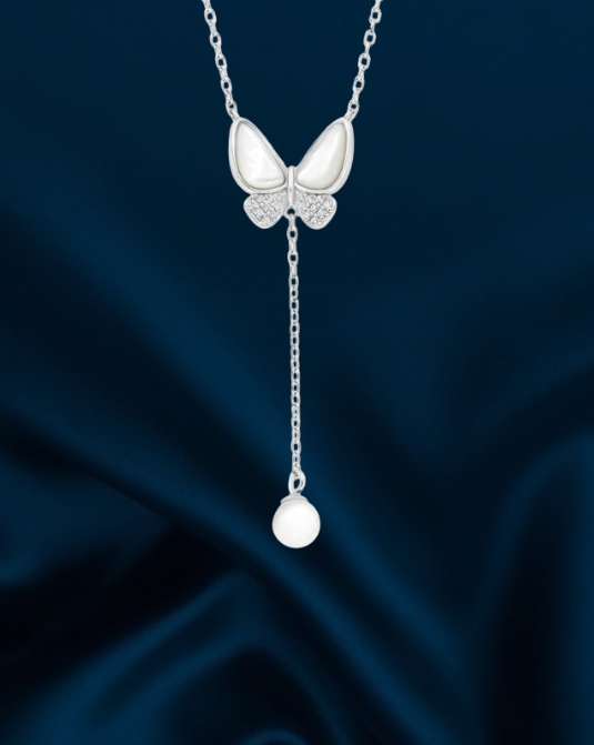 MOP Butterfly Pearl Drop Pendant Necklace