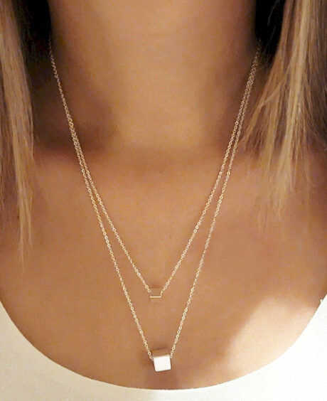 Cube Pendant Double Layer Necklace Set