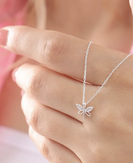 925 Sterling Silver Minimal Dragonfly Necklace with White Zircon Stone