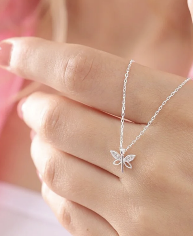 925 Sterling Silver Minimal Dragonfly Necklace with White Zircon Stone
