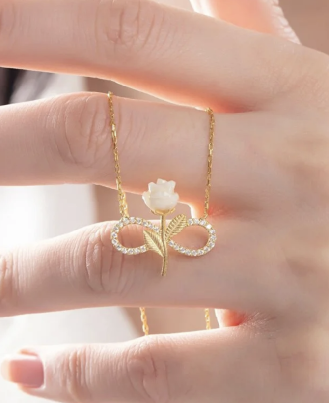 925 Sterling Silver Gold Plated White Rose Infinity Necklace Zircon