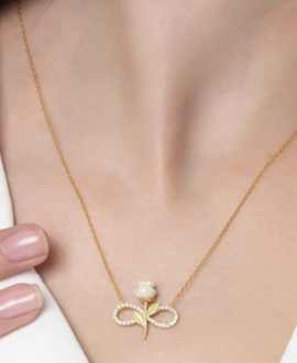 925 Sterling Silver Gold Plated White Rose Infinity Necklace Zircon