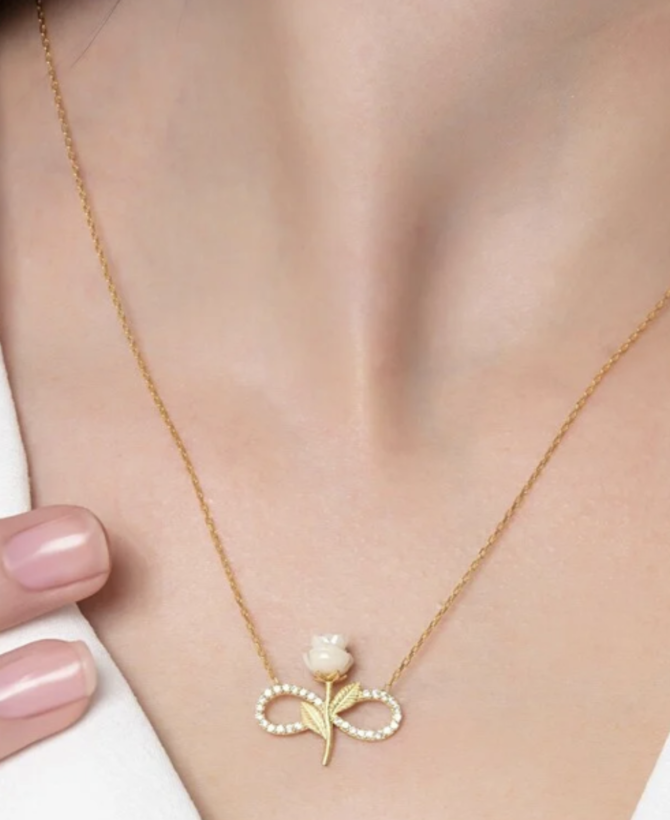 925 Sterling Silver Gold Plated White Rose Infinity Necklace Zircon