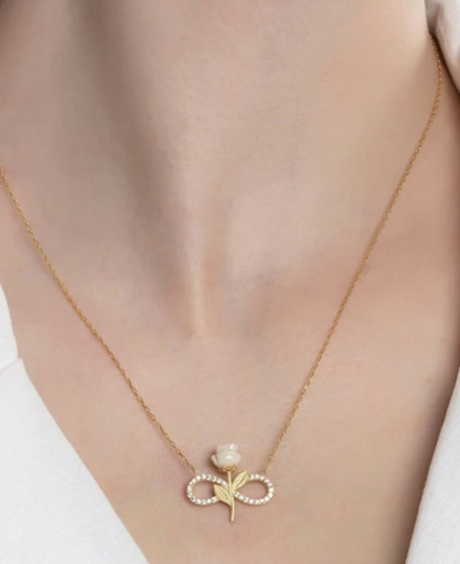 925 Sterling Silver Gold Plated White Rose Infinity Necklace Zircon