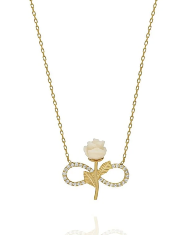 925 Sterling Silver Gold Plated White Rose Infinity Necklace Zircon